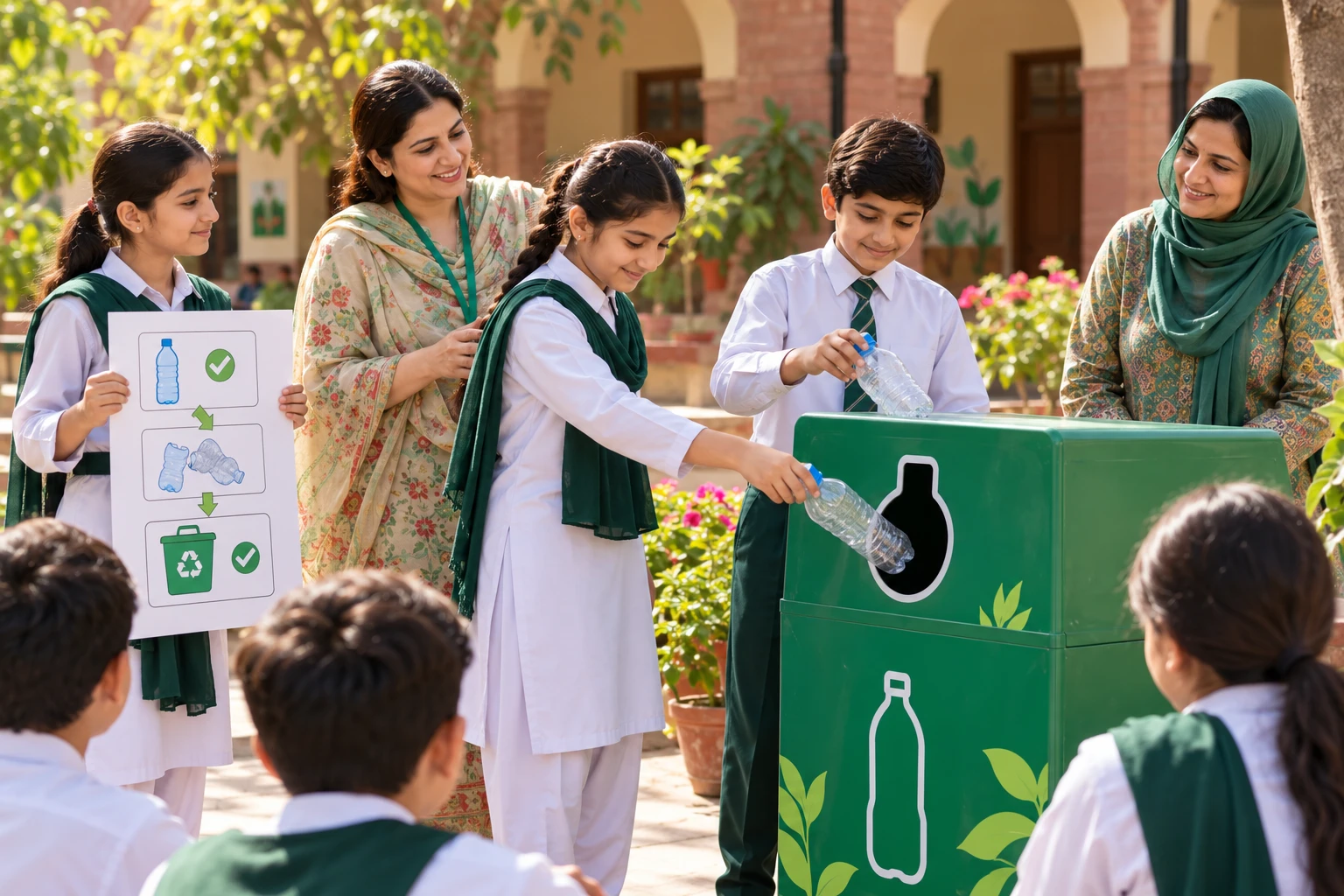 Concept image of pupils and teachers participating in school plastic recycling