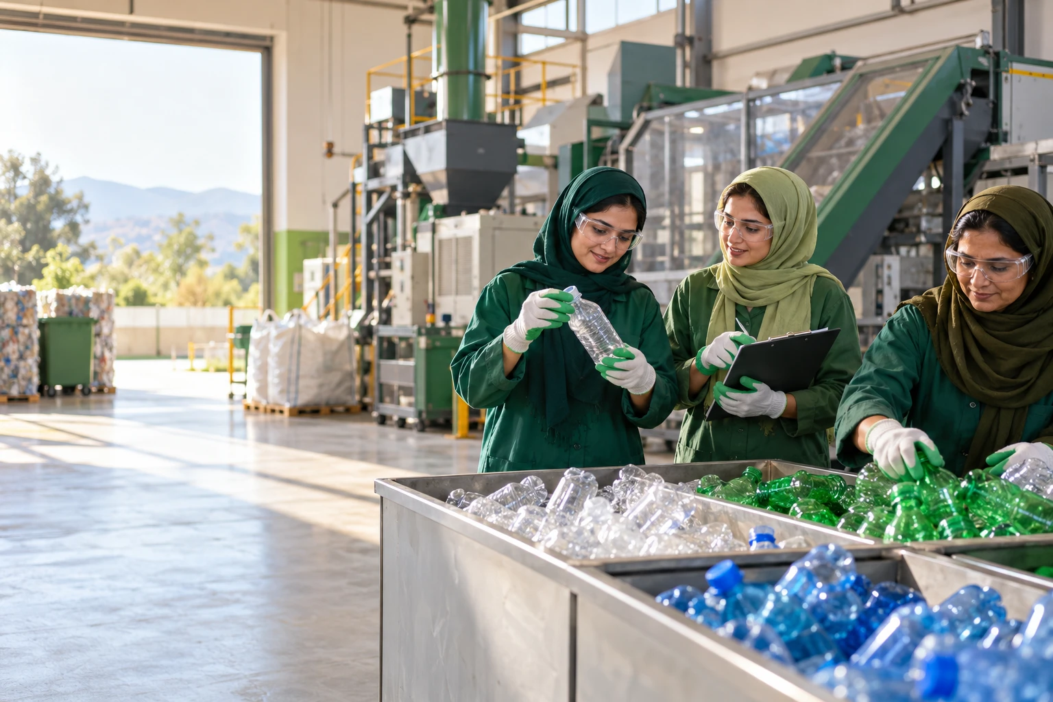 Concept image of women sorting plastic bottles at a recycling facility
